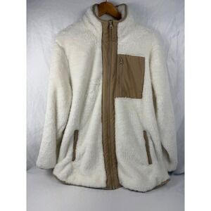 Lands' End Womens Large Fleece Full Zip Jacket Cream Tan Sherpa High Pile Coat L